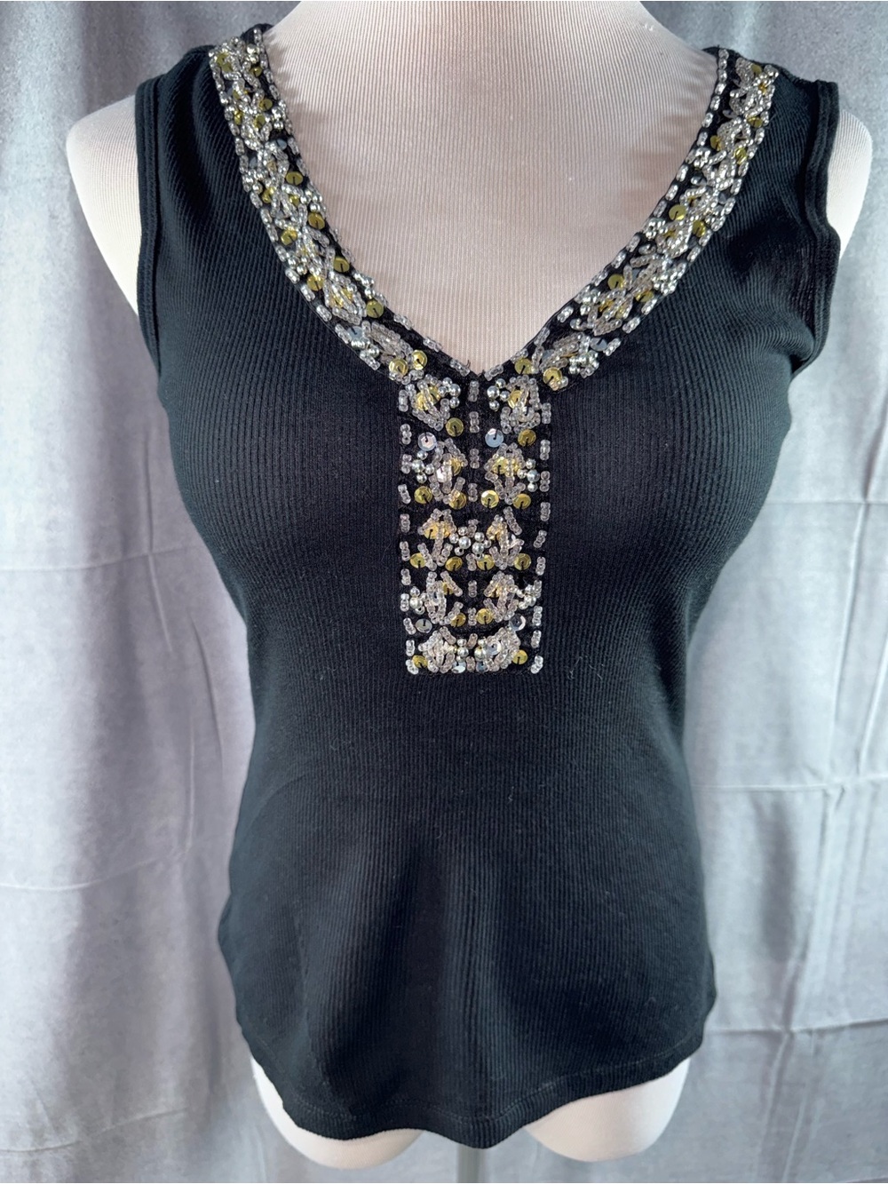 3186-Massimo Black Tank with Gold & Silver Beaded V-Neck
